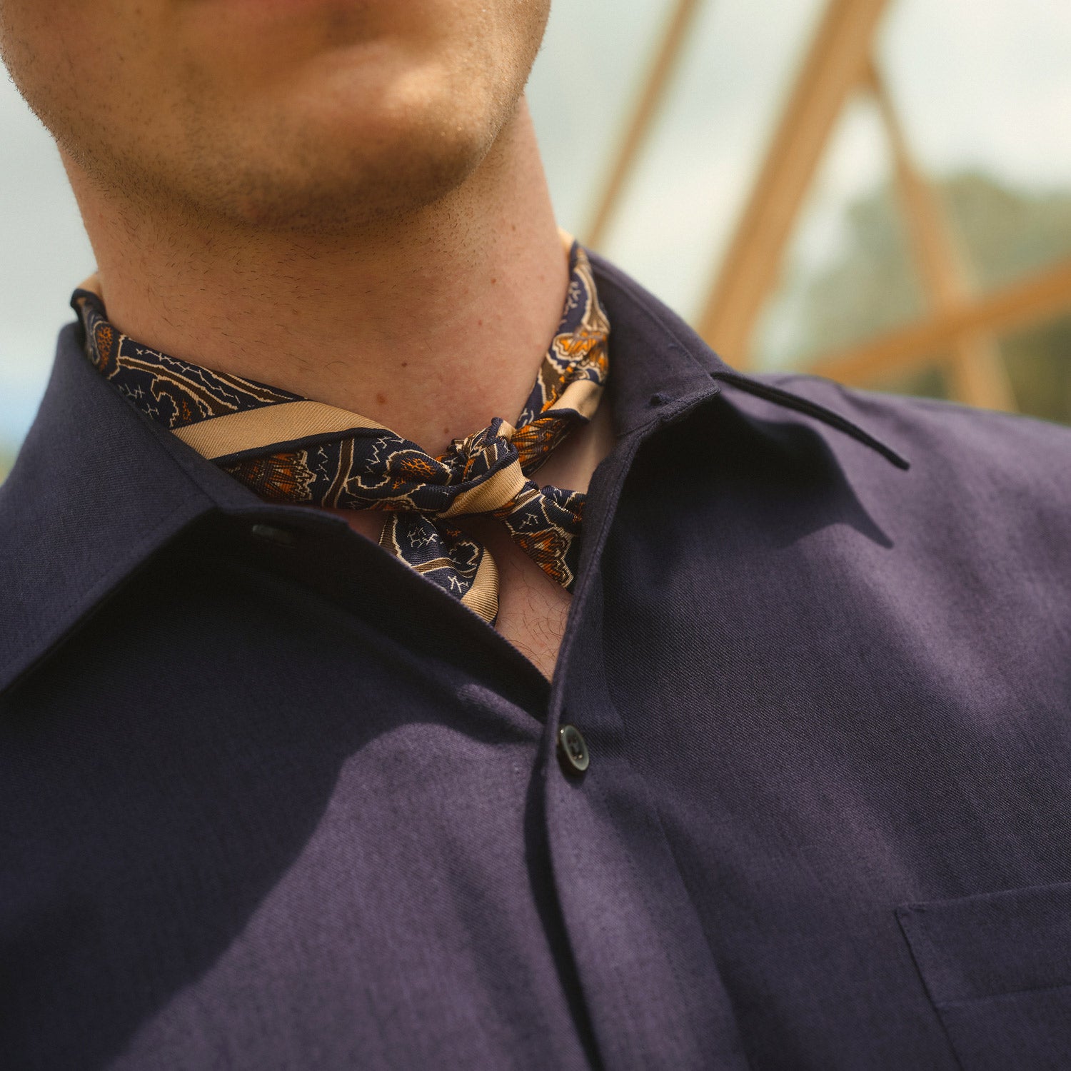 View 4 of product Navy Weekend Fit Cotton & Wool Shirt with Derby Collar and 1 Button Cuffs