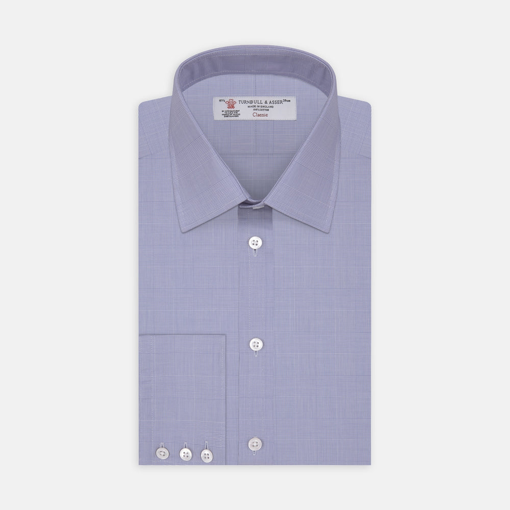Blue Prince of Wales Check Shirt with T&A Collar and 3-Button Cuffs