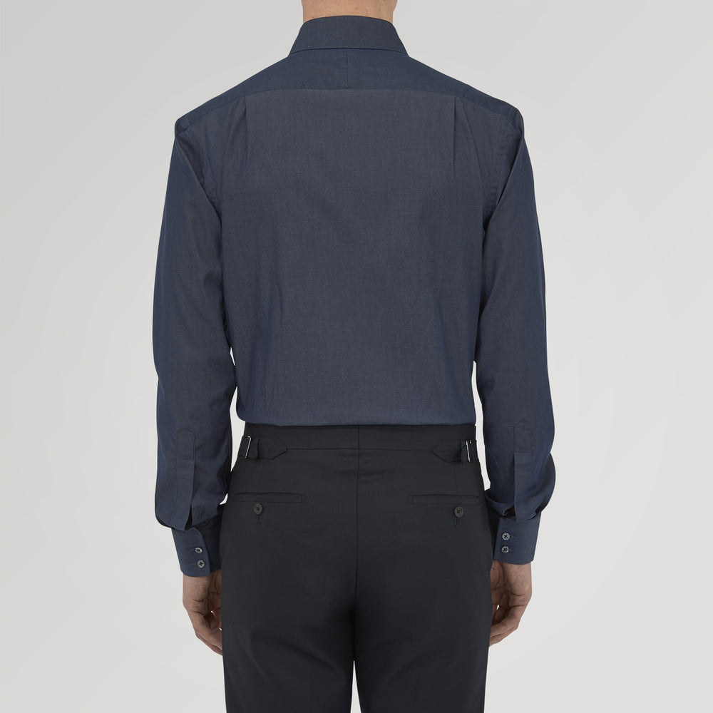 Dark Blue Denim-Cashmere Shirt with T&amp;A Collar and Double Cuffs