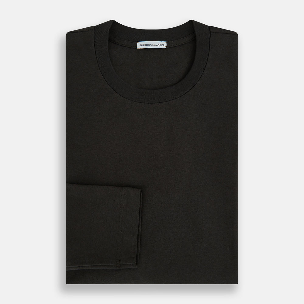 The Turnbull & Asser Dark Chocolate Long-Sleeve T-shirt features a minimalist crew neck design with no visible logos or patterns, shown laid flat on a white background for a versatile, understated look.