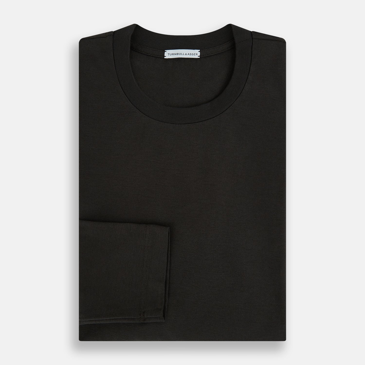 View 5 of product The Turnbull & Asser Dark Chocolate Long-Sleeve T-shirt features a minimalist crew neck design with no visible logos or patterns, shown laid flat on a white background for a versatile, understated look.