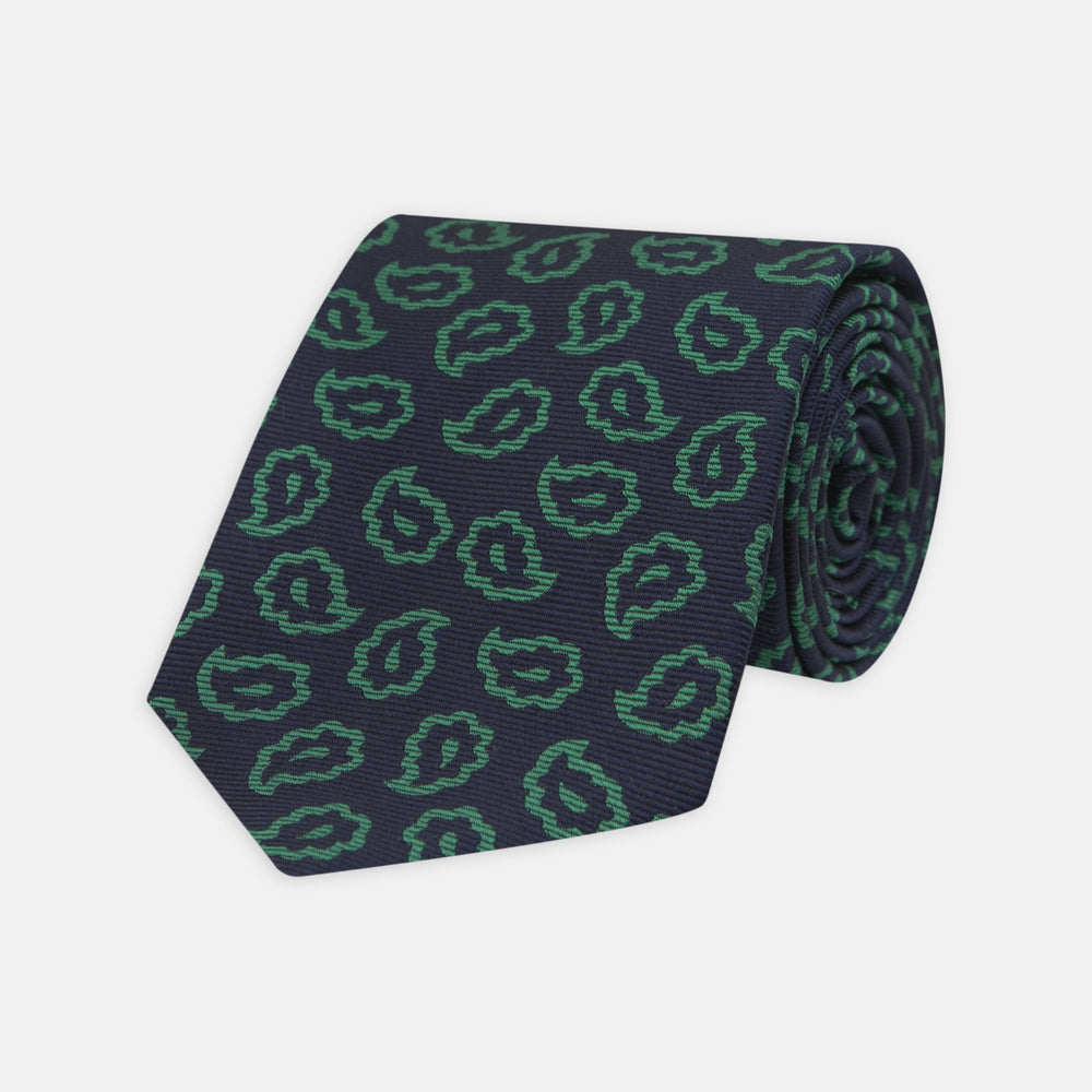 Navy and Green Petal Paisley Silk Tie
