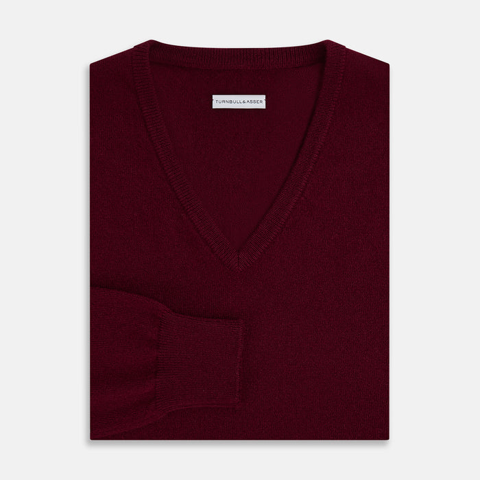Burgundy Cashmere V-neck Jumper Image 3