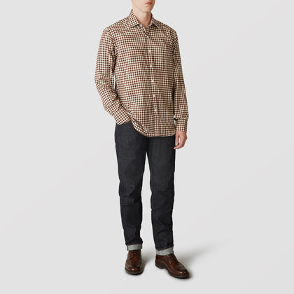 Brown Check Weekend Fit Shirt with Derby Collar and 1-Button Cuffs Image 1