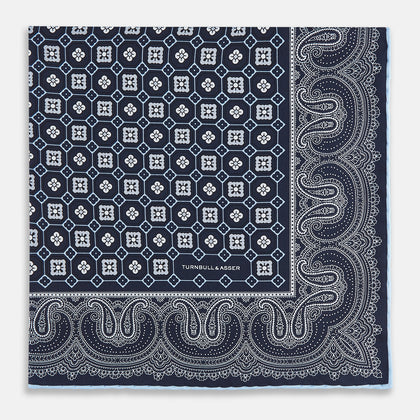 Navy Floral Tile and Paisley Silk Pocket Square Image 2