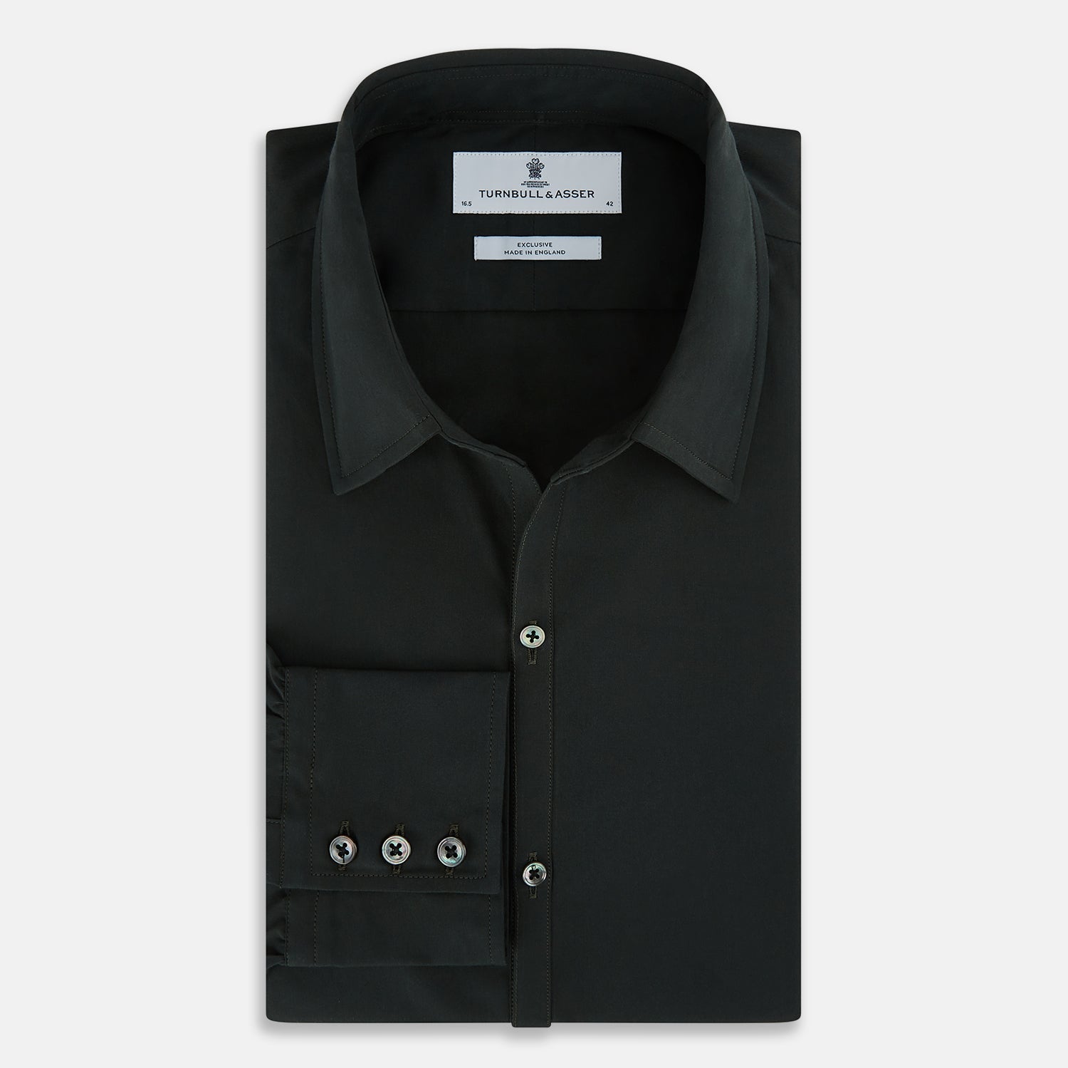 View 5 of product The FOREST GREEN WINDSOR SHIRT by Turnbull & Asser features long sleeves, a Windsor collar, and buttoned cuffs, exemplifying British craftsmanship. Displayed on a plain white background.