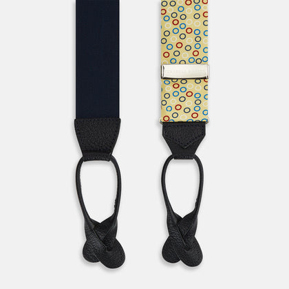 Multi-coloured Circle Yellow Adjustable Silk and Navy Leather Braces