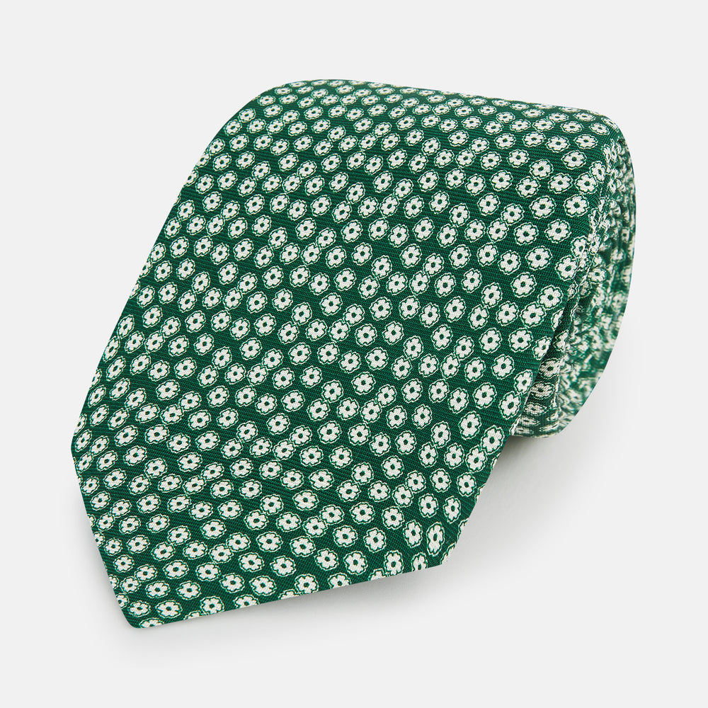 Forest Green Flower-Patterned Printed Silk Tie