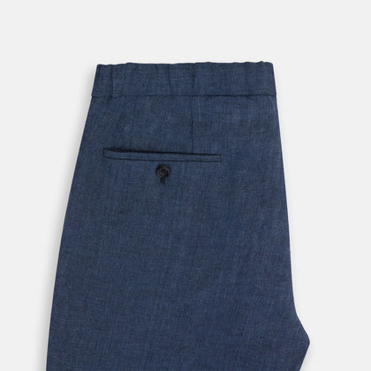 Denim Blue Linen Herringbone Miles Trousers Image 4