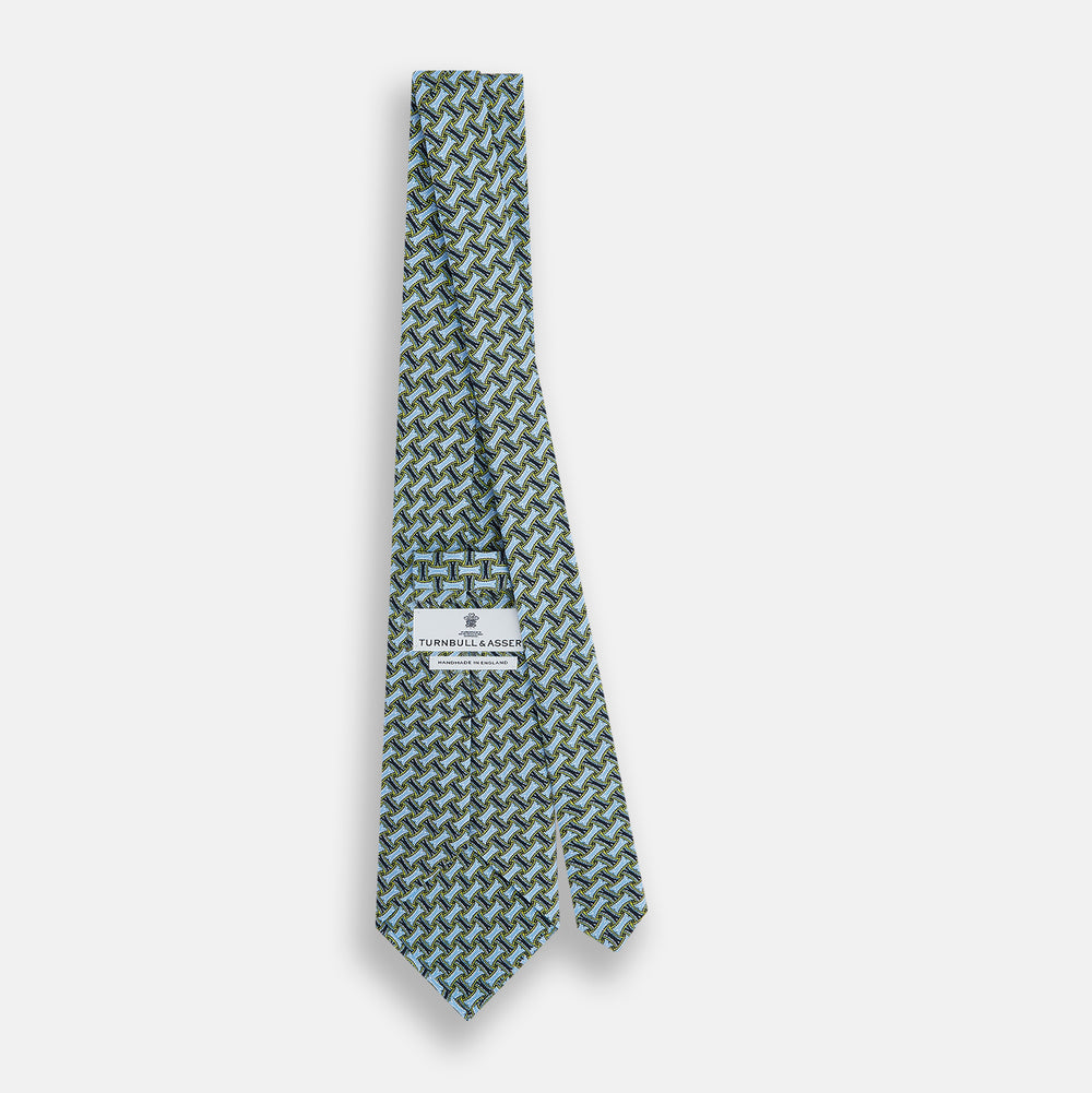 Light Blue and Chartreuse Lemon Weave Patterned Silk Tie