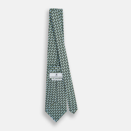 Light Blue and Chartreuse Lemon Weave Patterned Silk Tie Image 3