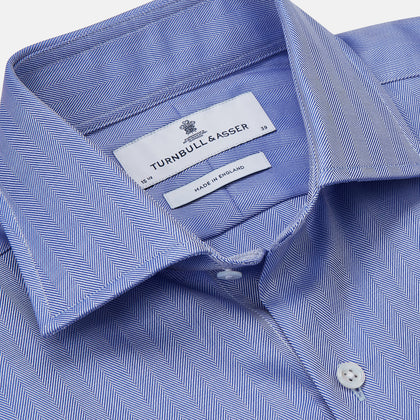 Blue Herringbone Tailored Fit Shirt With Kent Collar Image 4