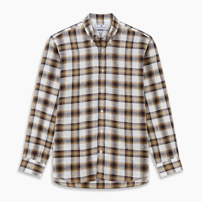 Brown Multi Check Linen Weekend Fit Hayne Shirt Image 5