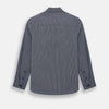 View 3 of product The Navy Stripe Highbury Overshirt by Turnbull & Asser features thin vertical stripes, black buttons, a collar, and a chest pocket. Displayed on a plain white background, it’s inspired by classic Turnbull & Asser style.