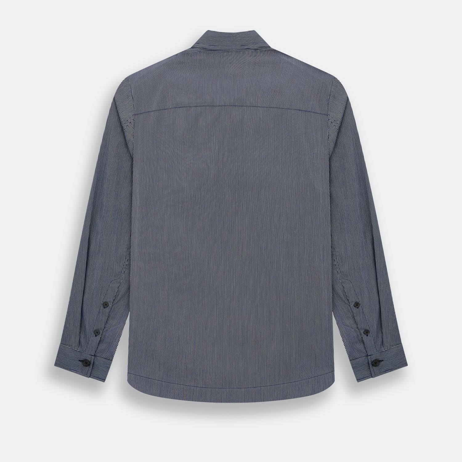 View 3 of product The Navy Stripe Highbury Overshirt by Turnbull & Asser features thin vertical stripes, black buttons, a collar, and a chest pocket. Displayed on a plain white background, it’s inspired by classic Turnbull & Asser style.