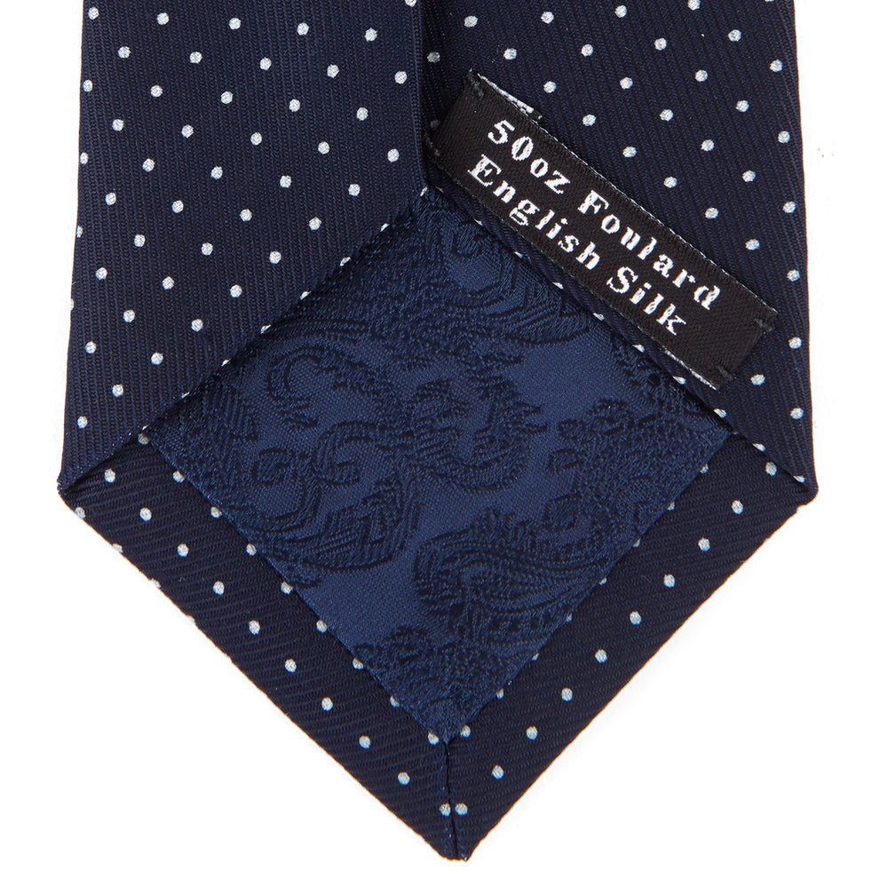 White and Navy Spot Printed Silk Tie