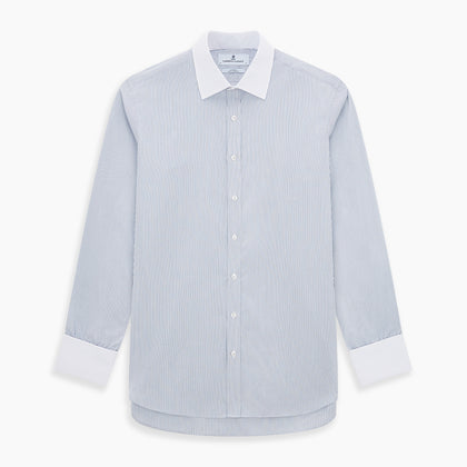 Navy and Blue Ticking Stripe Shirt with Contrast Collar and Double Cuffs Image 6