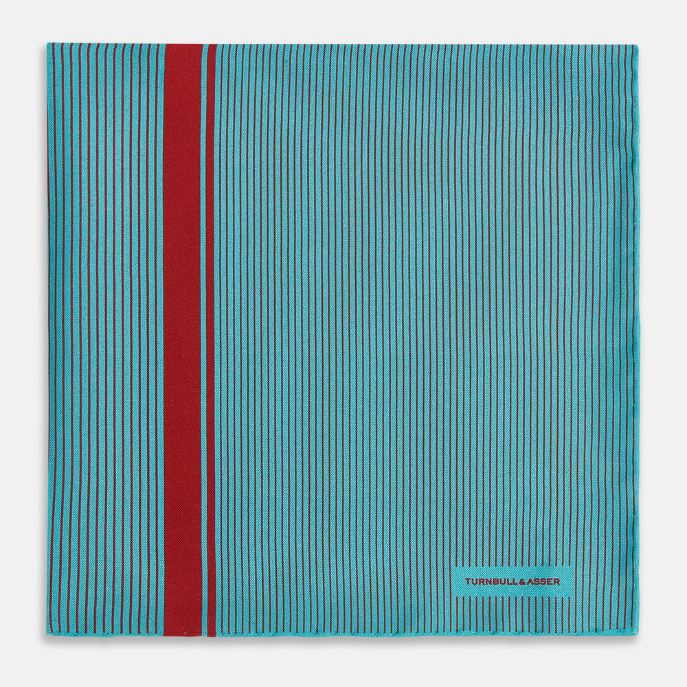 Turquoise and Red Stripe Silk Pocket Square
