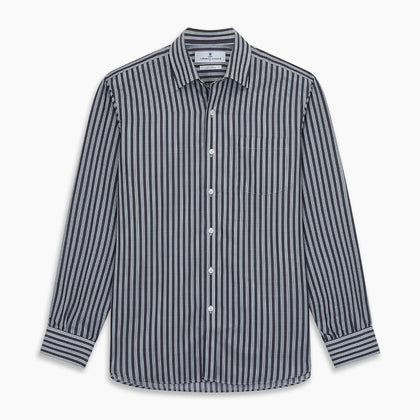 Navy Multi Stripe Weekend Fit Wool Shirt with Derby Collar and 1 Button Cuffs Image 5