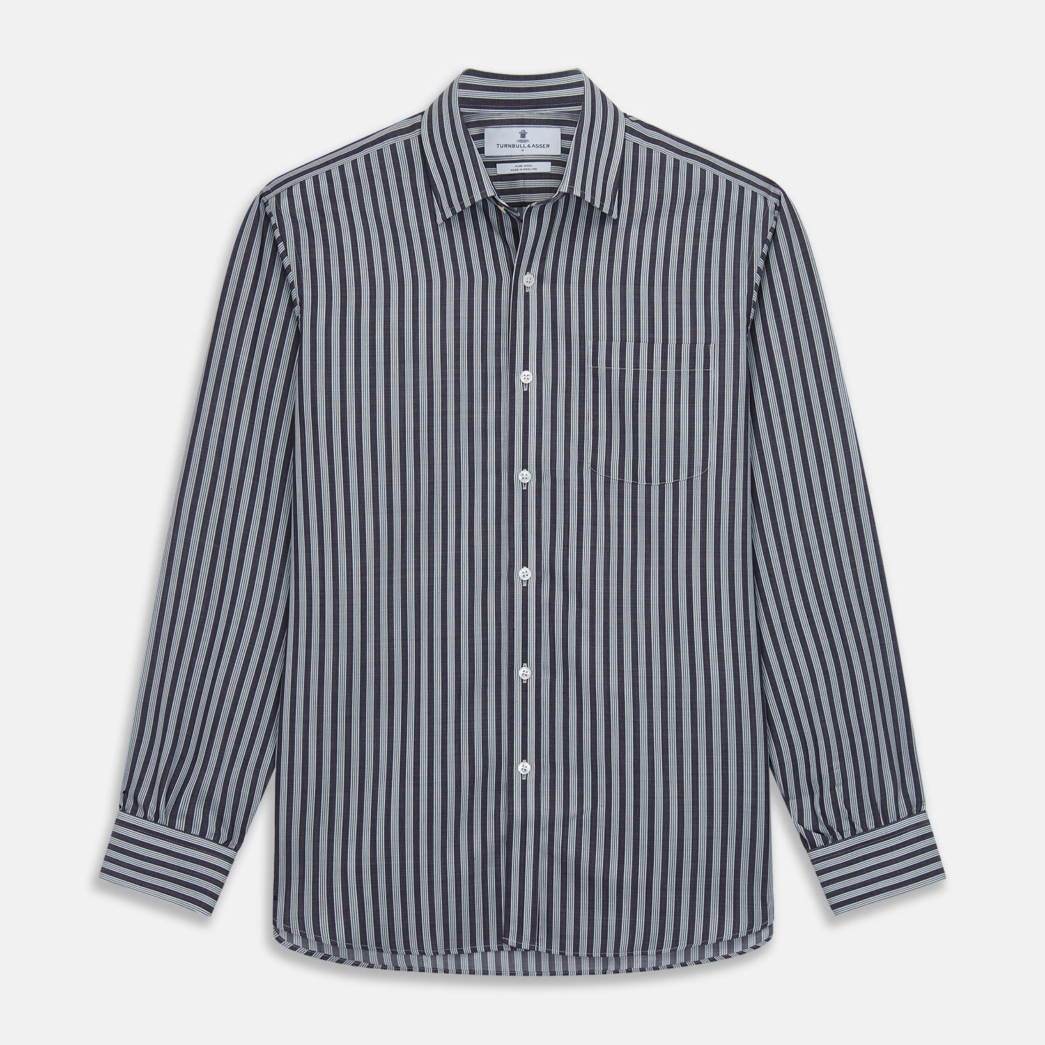 Navy Multi Stripe Weekend Fit Wool Shirt with Derby Collar and 1 Button Cuffs