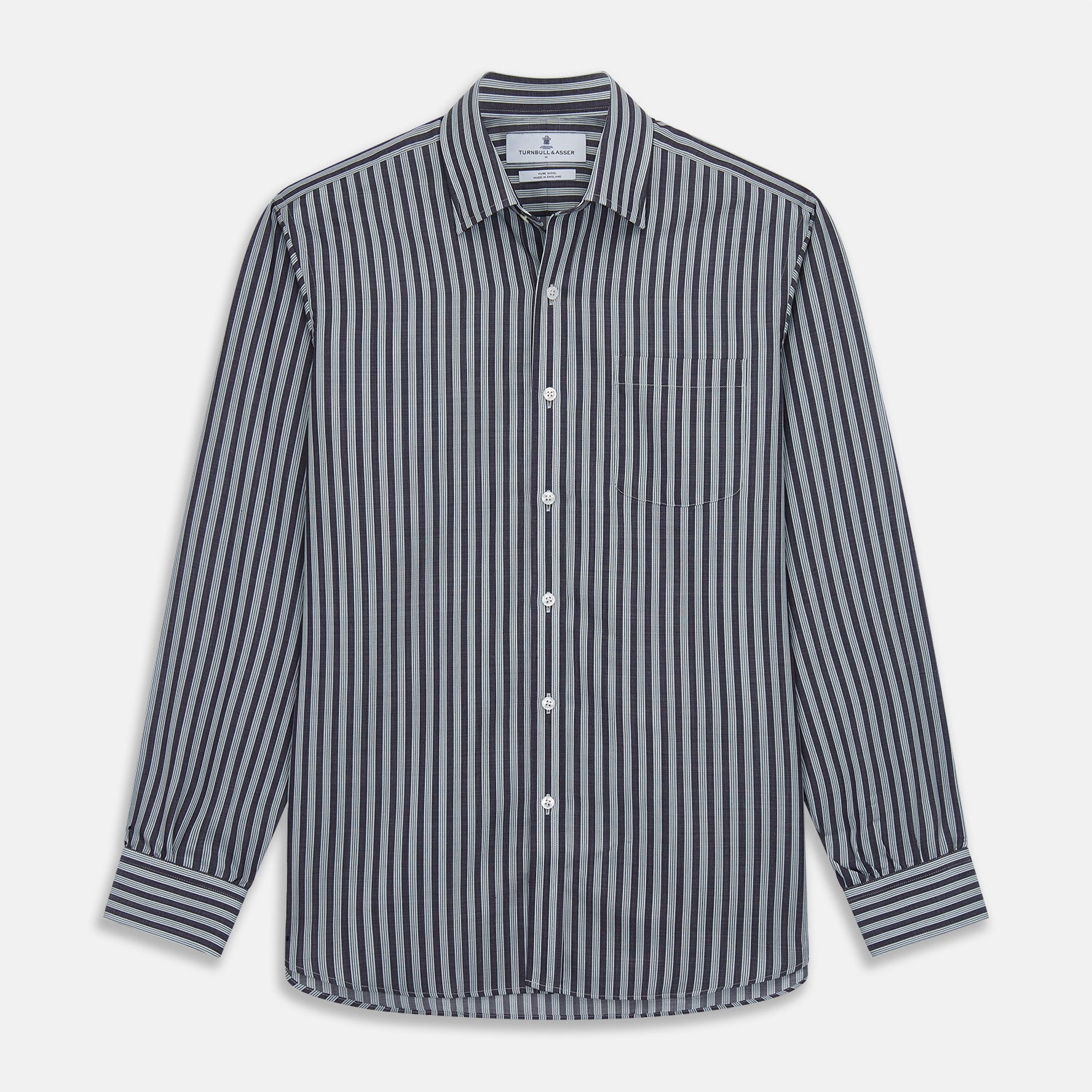 View 1 of product Navy Multi Stripe Weekend Fit Wool Shirt with Derby Collar and 1 Button Cuffs