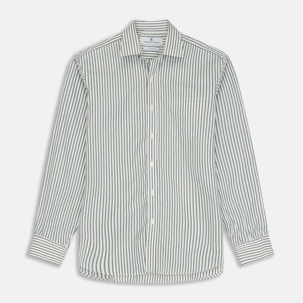 Green Stripe Weekend Fit Shirt with Derby Collar and 1-Button Cuffs