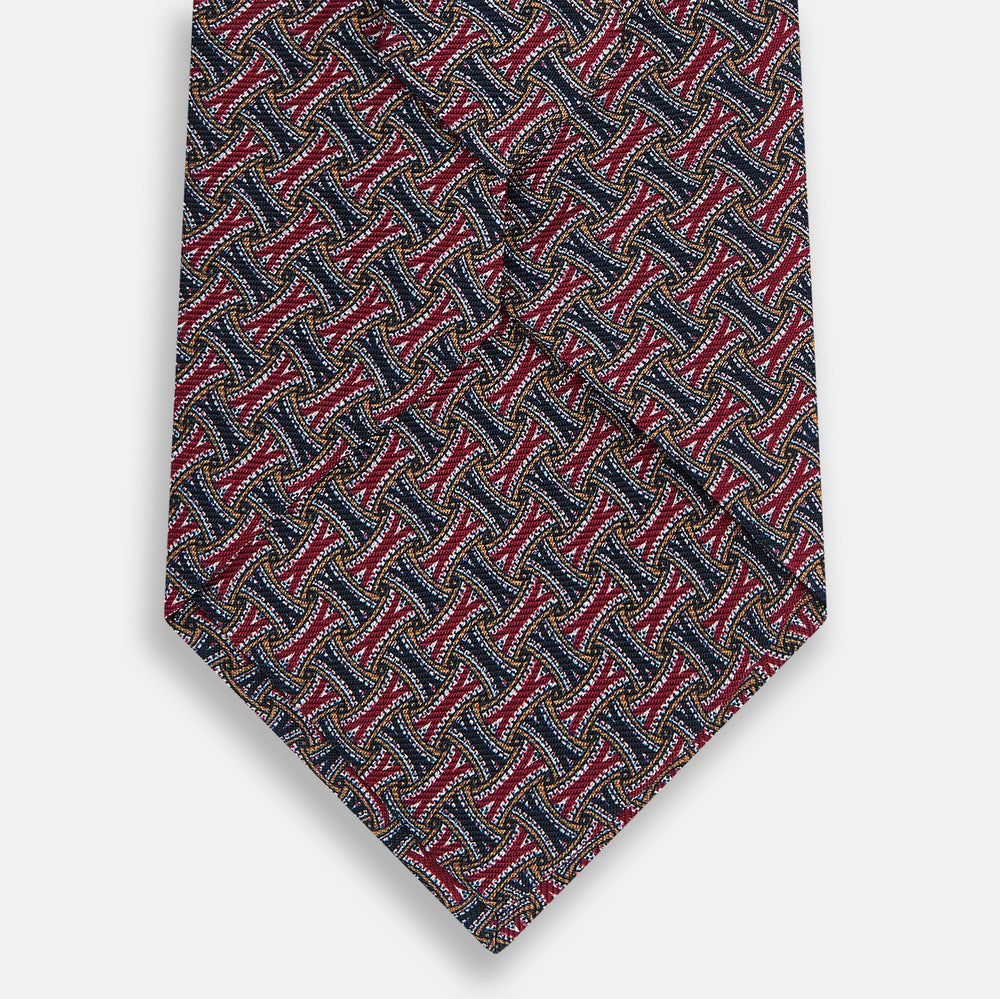 Burgundy and Navy Weave-Patterned Printed Silk Tie