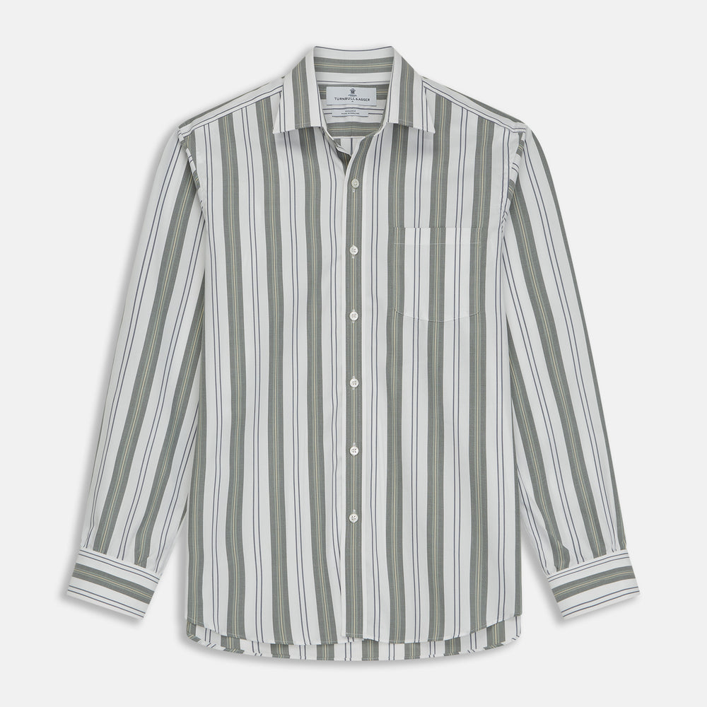 Green, Blue & White Stripe Weekend Fit Shirt with Derby Collar & 1-Button Cuffs