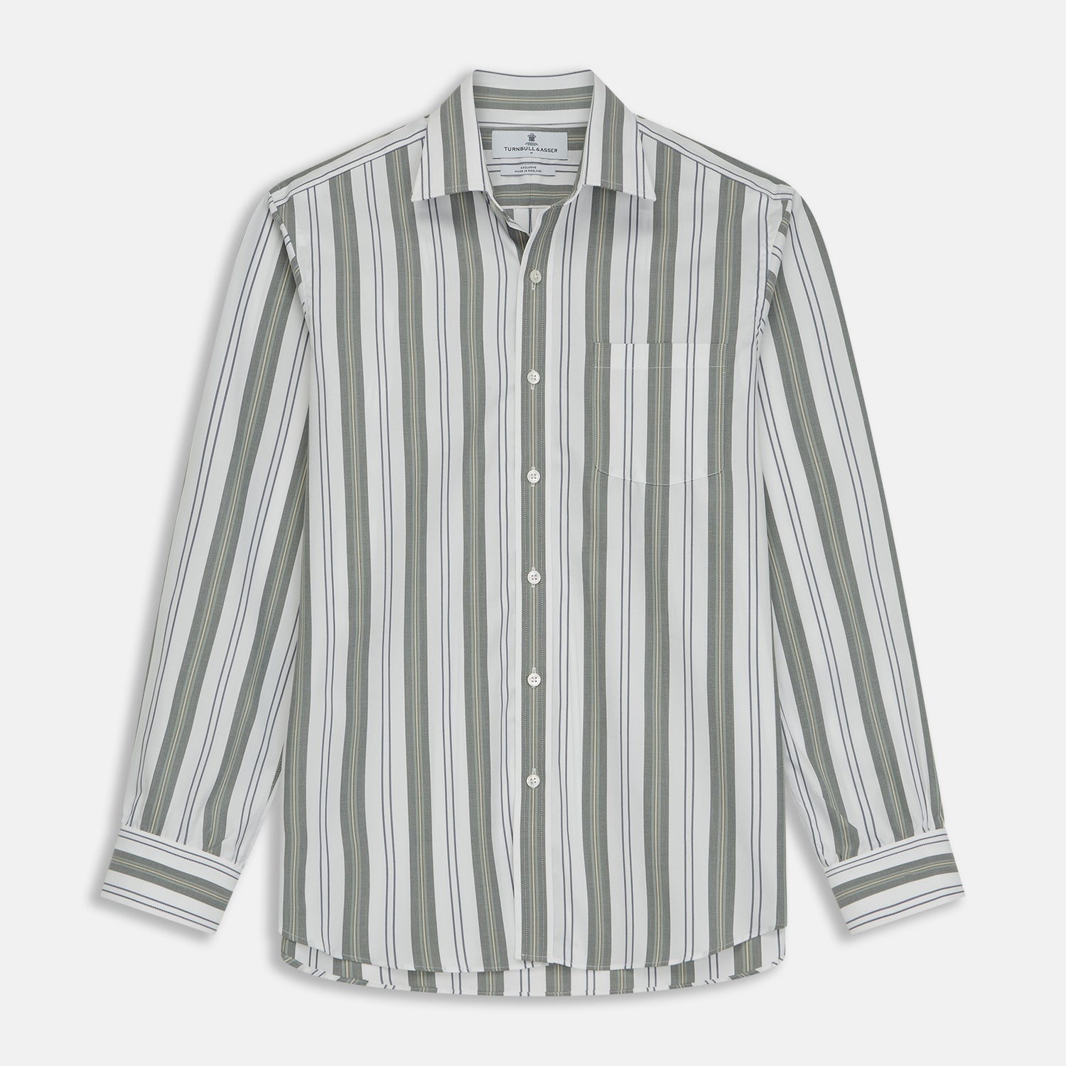 View 1 of product Green, Blue & White Stripe Weekend Fit Shirt with Derby Collar & 1-Button Cuffs