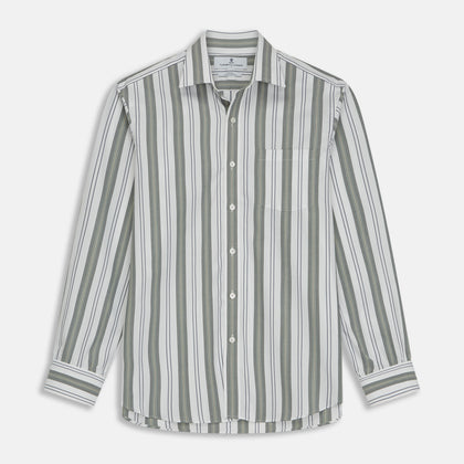 Green, Blue & White Stripe Weekend Fit Shirt with Derby Collar & 1-Button Cuffs