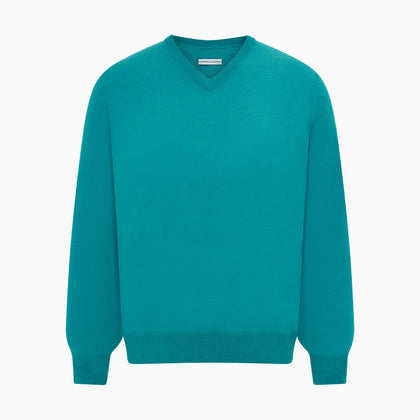 Turquoise Fine Merino V-Neck Jumper Image 4
