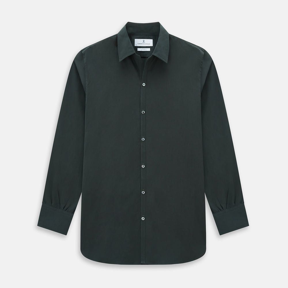 The FOREST GREEN WINDSOR SHIRT by Turnbull & Asser features long sleeves, a Windsor collar, and buttoned cuffs, exemplifying British craftsmanship. Displayed on a plain white background.