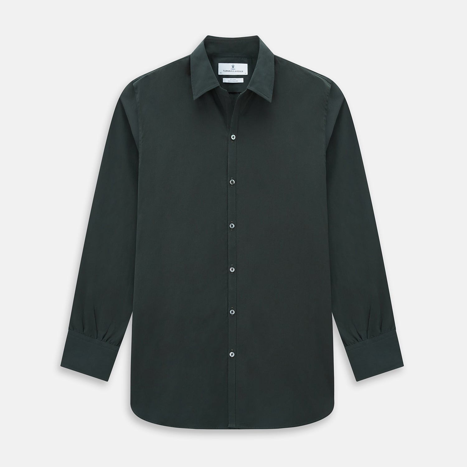 View 1 of product The FOREST GREEN WINDSOR SHIRT by Turnbull & Asser features long sleeves, a Windsor collar, and buttoned cuffs, exemplifying British craftsmanship. Displayed on a plain white background.