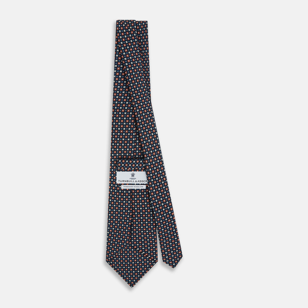 Navy and Orange Geometric Motif Silk Tie