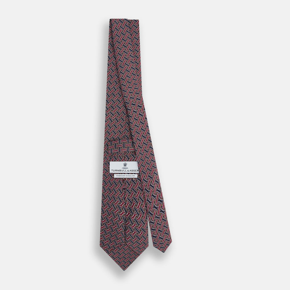 Burgundy and Navy Weave-Patterned Printed Silk Tie