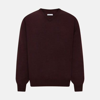 Burgundy Fine Merino V-Neck Jumper Image 9