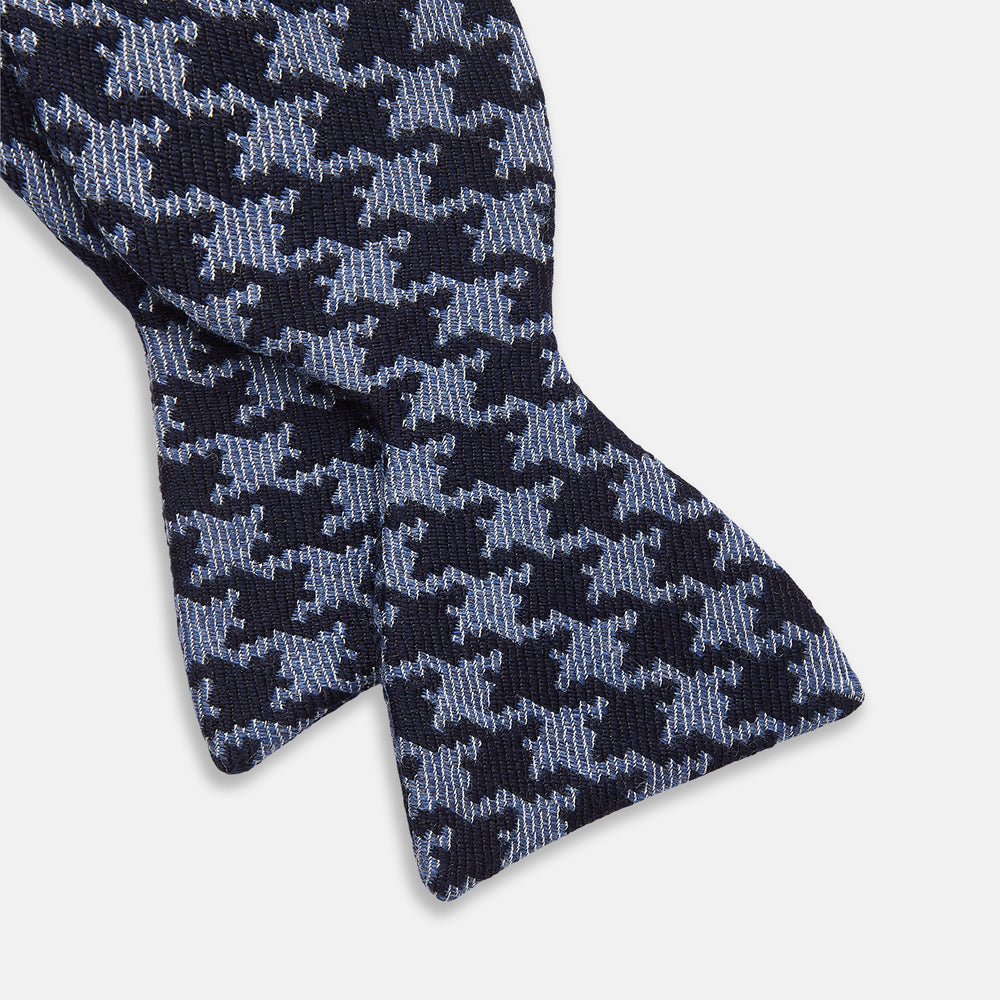 Navy and Blue Houndstooth Wool Blend Bow Tie