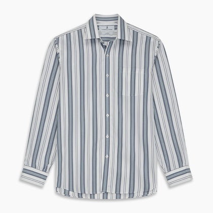 Blue, Green & White Stripe Weekend Fit Shirt with Derby Collar & 1-Button Cuffs Image 6