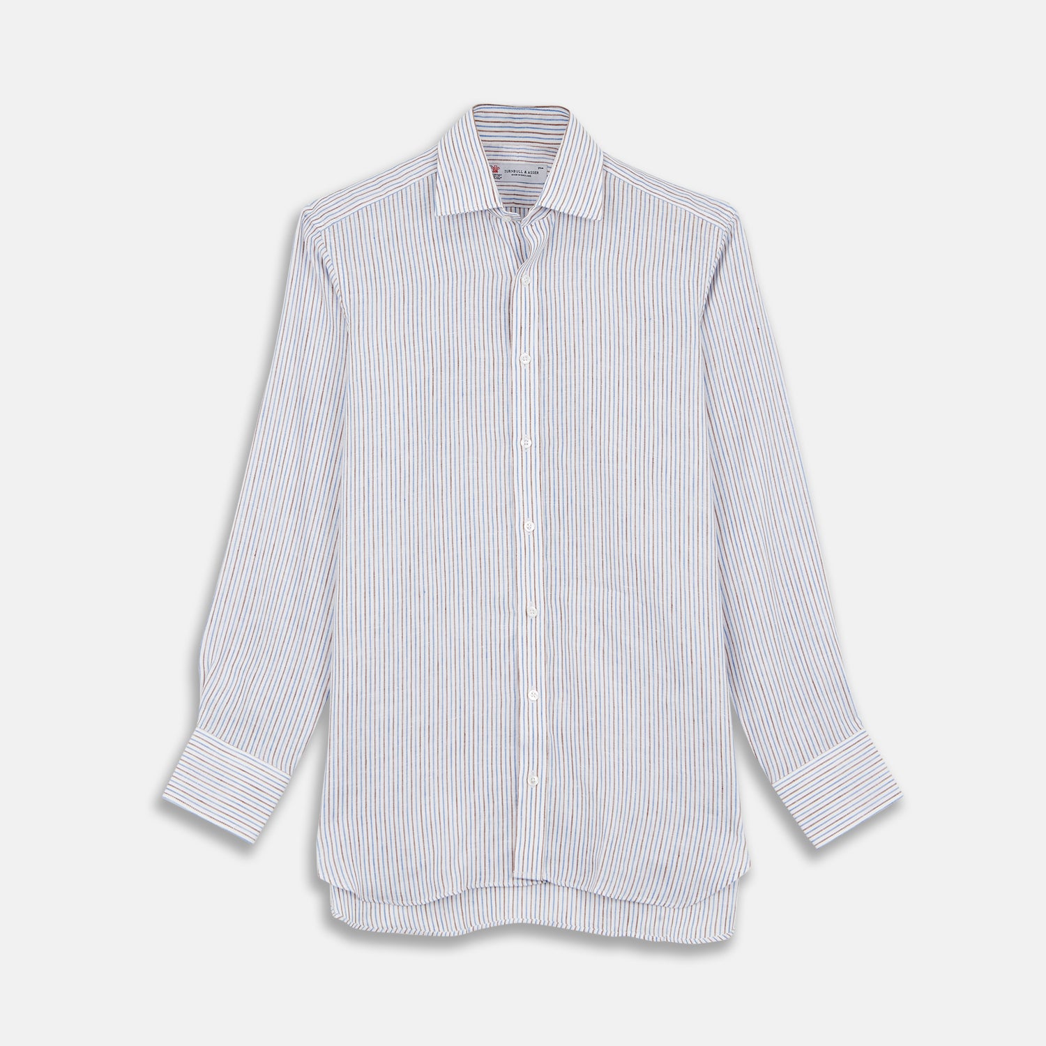 View 1 of product Brown and Blue Ticking Stripe Linen Shirt with POW Collar and 3-Button Cuffs