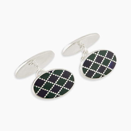 Forest Green and Navy Checkered Oval Enamel Chain Cufflinks Image 3