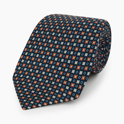 Navy and Orange Geometric Motif Silk Tie Image 4