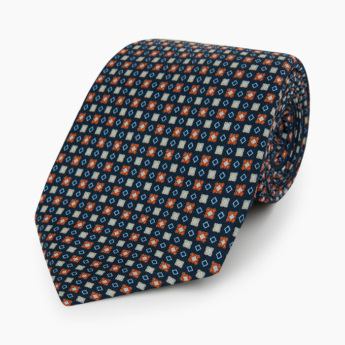 Navy and Orange Geometric Motif Silk Tie Image 4