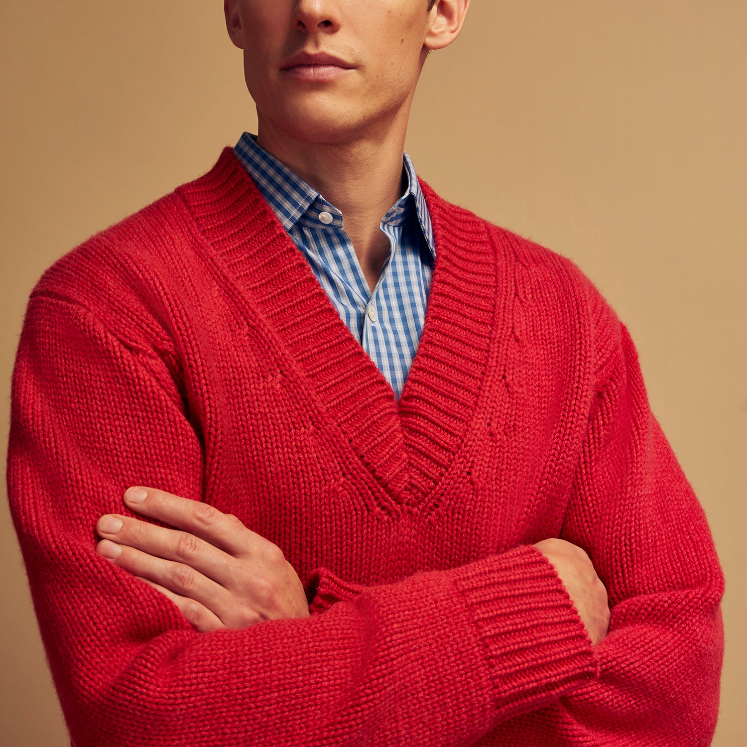 View 3 of product Raspberry Red Cashmere Edwards V-Neck Sweater