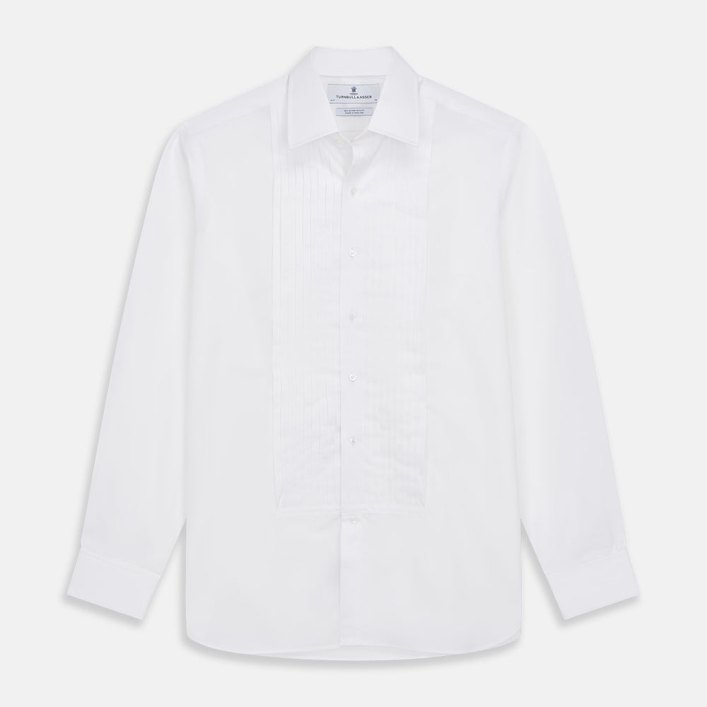 White Pleated Cotton Dress Shirt with T&A Collar and Double Cuffs