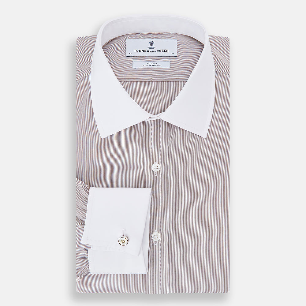 Burgundy Hairline Stripe Shirt with Contrast Collar and Double Cuffs