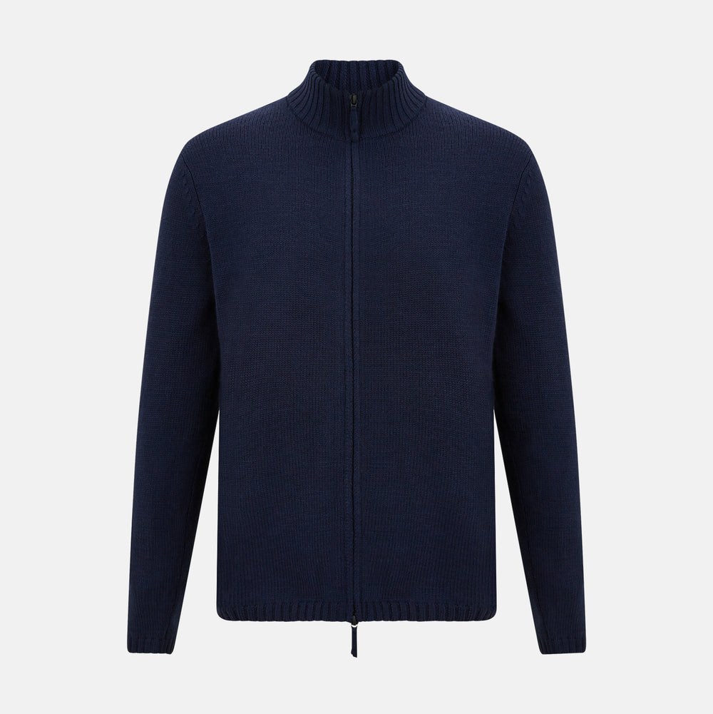 Navy High Neck Merino Zipped Cardigan