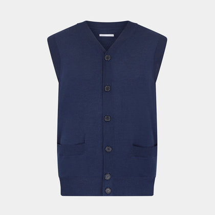 Navy Fine Merino V-Neck Sleeveless Cardigan Image 4