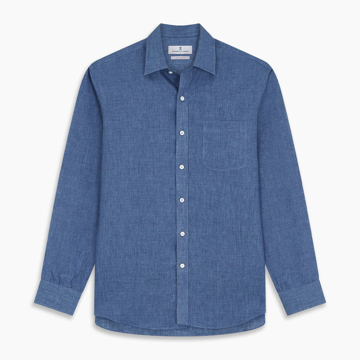 Blue Weekend Fit Linen Finch Shirt With Derby Collar And Chest Pocket Image 5