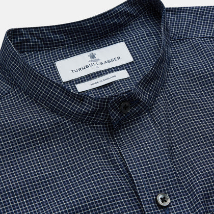 Navy Check Weekend Fit Flannel Shirt with Stand Collar and 1 Button Cuffs Image 1