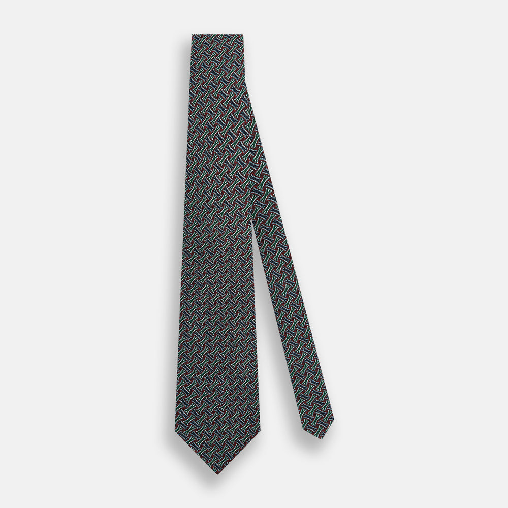 Forest Green and Red Weave-Patterned Printed Silk Tie